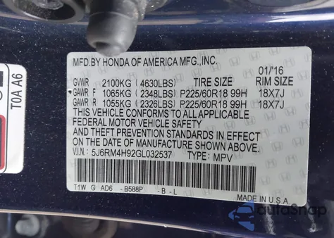 2016 Honda Cr-V Touring z USA, uszkodzony, nr VIN 5J6RM4H92GL032537